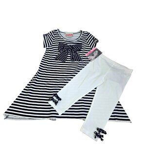 Flapdoodles Girls 5 Black & White Striped Dress & Leggings Set Polka Dot Bow  41